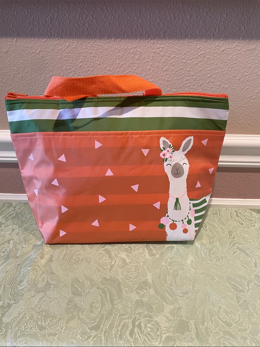 Thirty-One Thermal Lunch Bag Coral Llama Green & White Stripes